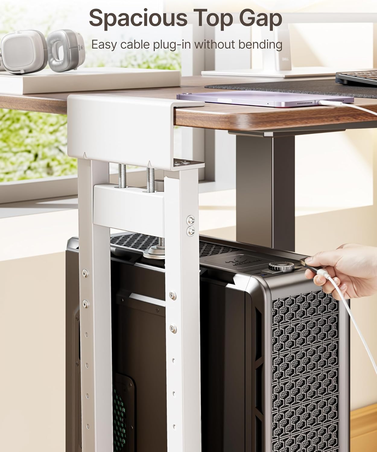 monTEK No Drill Under Desk PC Mount, Clamp-On Heavy Duty CPU Holder with Ventilated Cooling Design for Standing Desk & Home Office, Fits Most PC Cases 16.1"-25.6" (H), 66 lbs, White