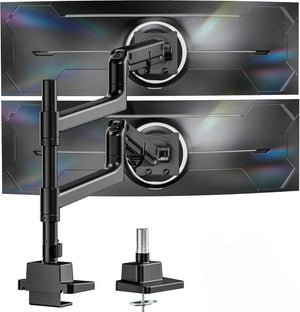 monTEK Dual Monitor Arm for up to 57" and 59.4 lbs Ultrawide Screen, Aluminum Heavy-Duty Gas Spring Vertical Stackable Curved Screen Adjustable Monitor Stand, 75/100mm Vesa Mount, Black