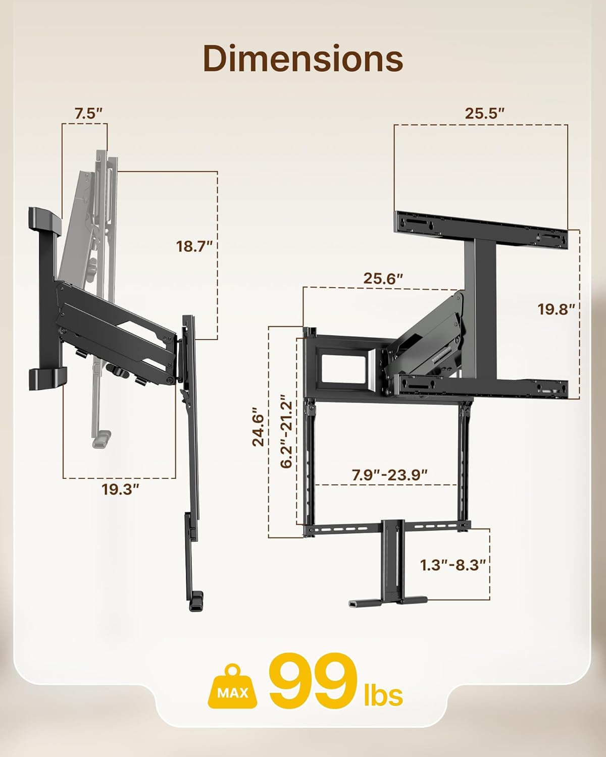 monTEK Fireplace Pull Down TV Mount for 43-86 Inch TVs Up to 99lbs, Swivel & Leveling Drop Down TV Mount, Pull Down TV Mount Over Fireplace with Padded Handle Bar, Max VESA 600x400mm