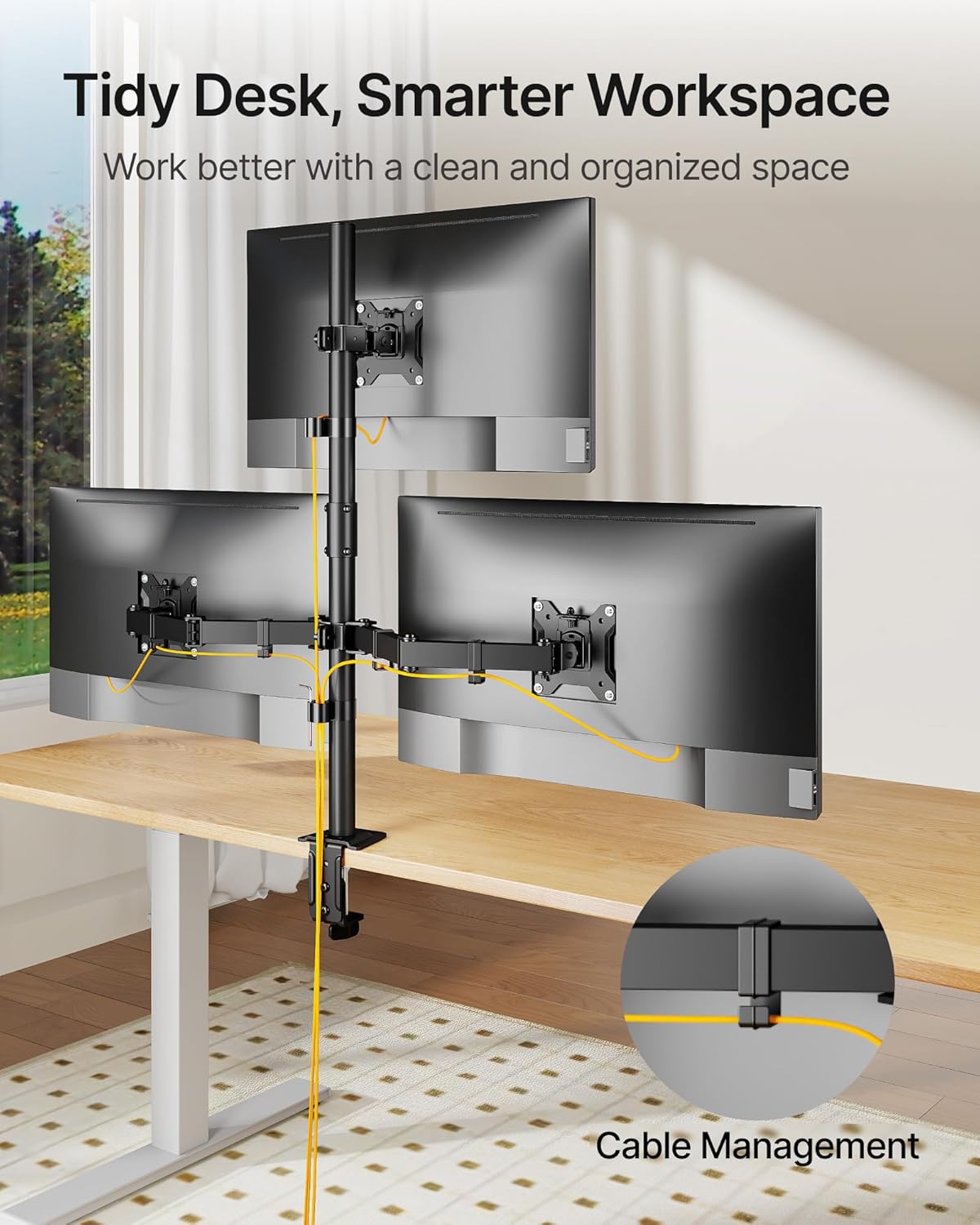 monTEK Triple Monitor Stand Mount, Fully Adjustable Desk Mount for 3 Screen up to 17”-32” and 22lbs Capacity Each Arm, Stable Monitor Arm with C Clamp and Grommet Base, VESA 75x75mm/100x100mm