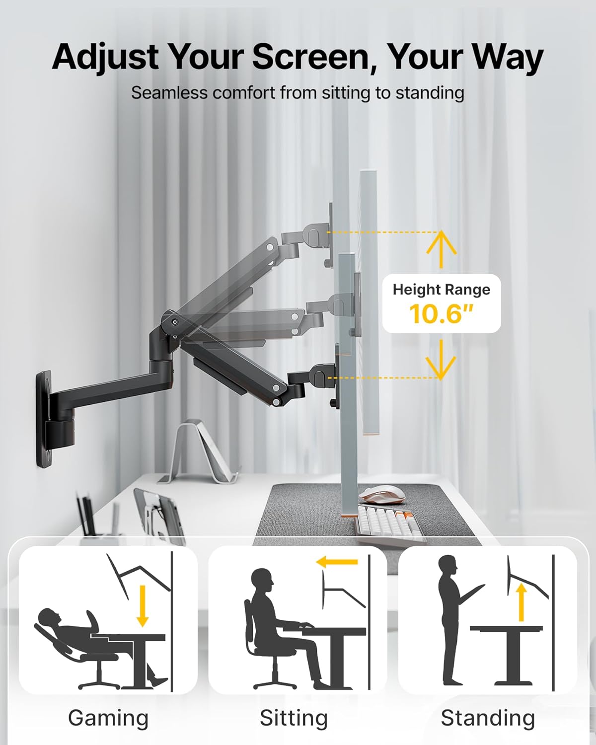 monTEK Ultra Wide Monitor Wall Mount for 17-49 Inch Screens, Heavy Duty Single Monitor Mount up to 44 lbs, Fully Adjustable Gas Spring Wall Mount, 75x75/100x100 VESA Mount, Black