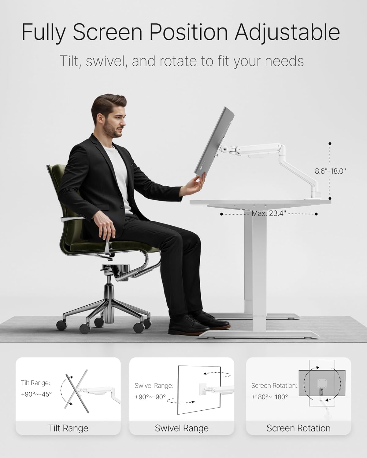 monTEK Deluxe Monitor Arm for 17 to 40 Inch Curved Screens with Cable Management Aluminum Fully Adjustable Single Monitor Arm with Clamp/Grommet, Quick Release Plate,75x75/100x100 VESA