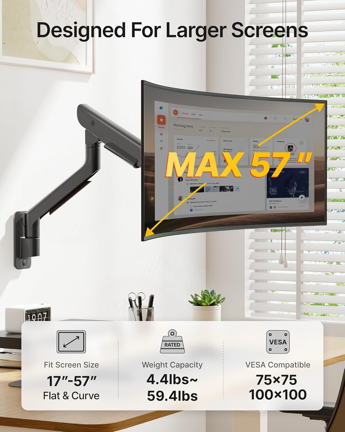 monTEK Heavy-Duty Single Monitor Wall Mount for 17-57” Ultrawide Screens up to 59.4lbs, Premium Aluminum Wall Mount Monitor Arm with Full Motion Adjustment, Pneumatic Lift, Max VESA 100x100