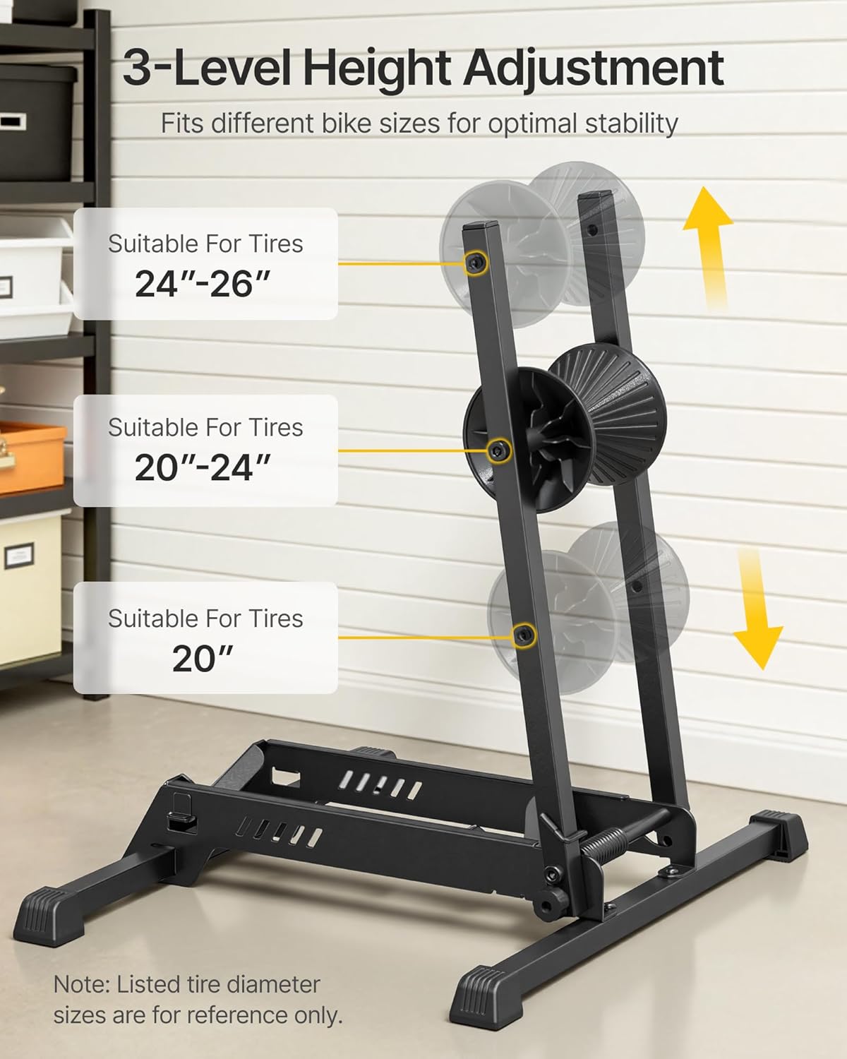 monTEK Heavy-Duty Bike Floor Stand for Max 4.5" Tire Width | 77lbs Capacity Dual-Arm Foldable Bicycle Storage Rack | 3-Level Height Adjustable | Fit 20"-26" Wheels for Road, Mountain & Fat Bikes