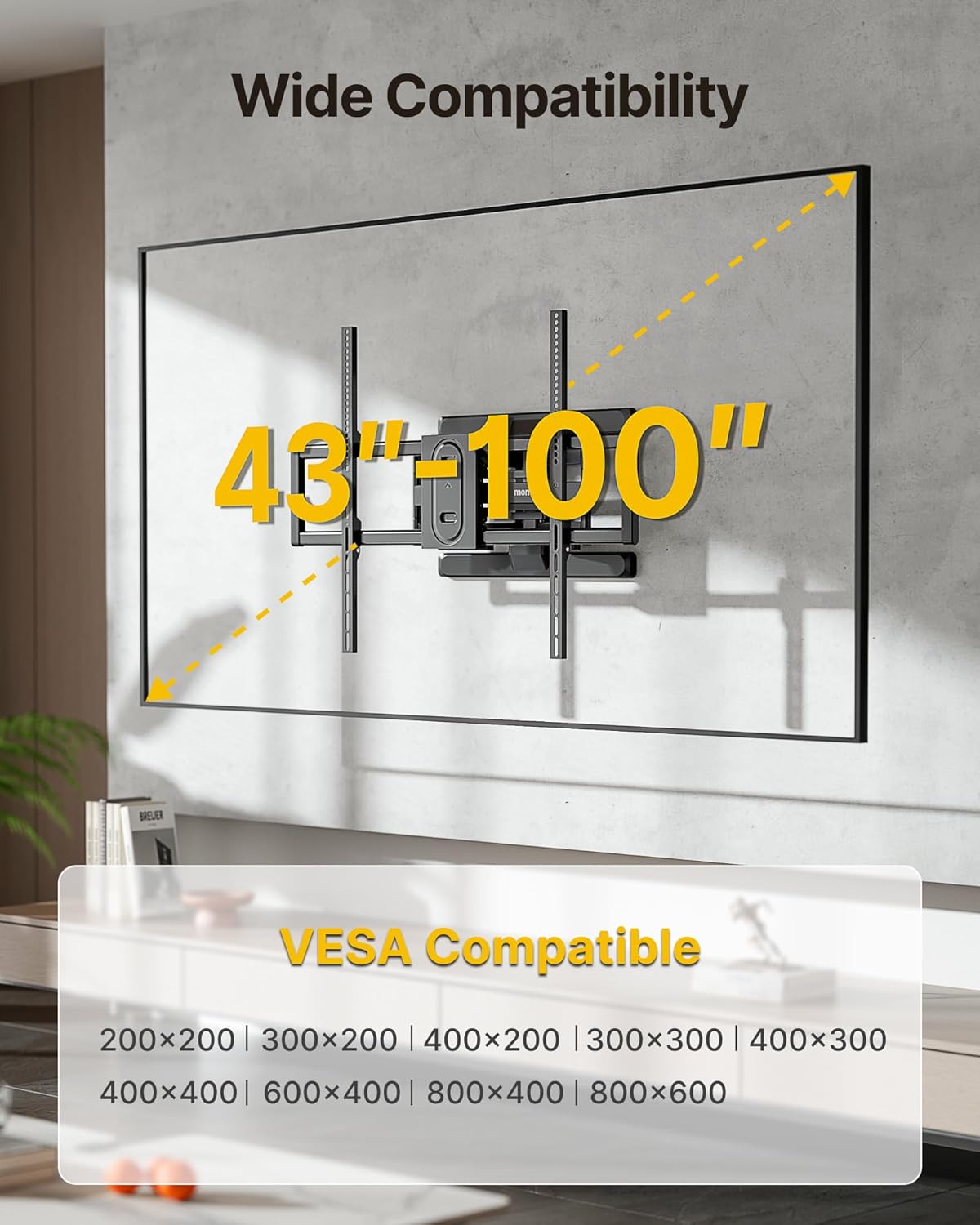 monTEK Heavy Duty Full Motion TV Wall Mount for 43–100 Inch TVs, Pre-Assembled Bracket with Tool-Free Tilt, Swivel & Extension, Max VESA 800x600, 150lbs 4X Strength Tested, Fits 16/18 Inch Studs