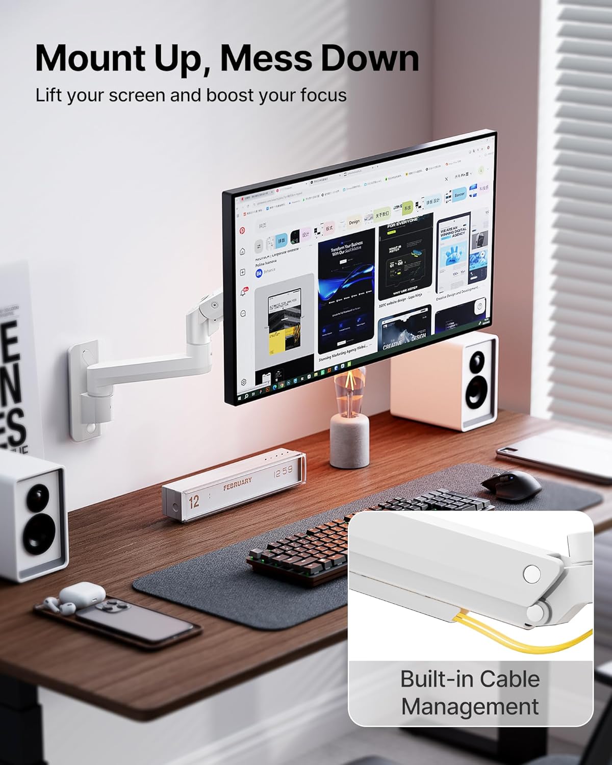 monTEK Ultra Wide Monitor Wall Mount for 17-49 Inch Screens, Heavy Duty Single Monitor Mount up to 44 lbs, Fully Adjustable Gas Spring Wall Mount, 75x75/100x100 VESA Mount, White
