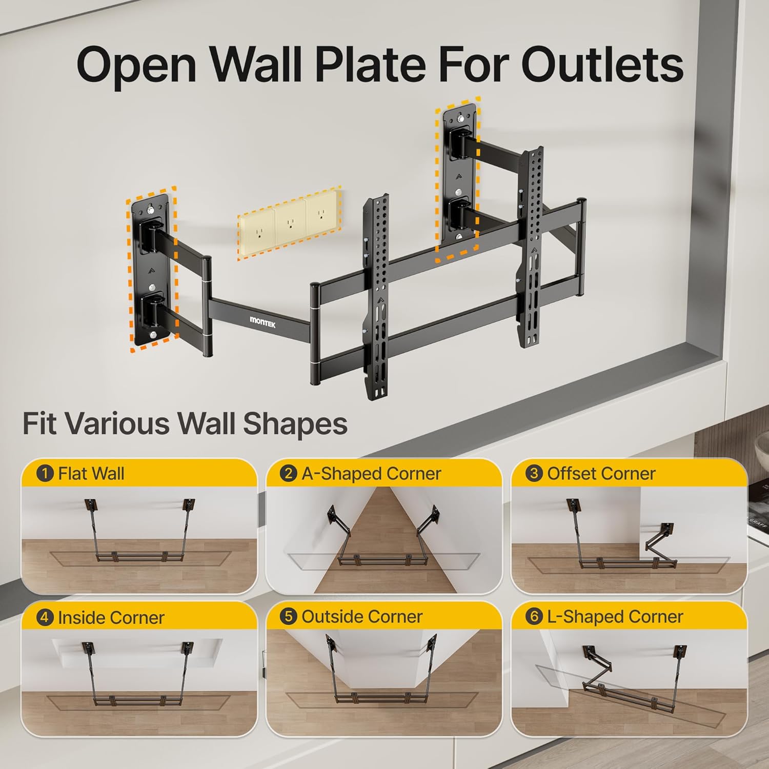monTEK Full Motion Corner TV Wall Mount for 55-90 Inch LCD LED Flat Curved TVs, Heavy Duty TV Wall Mounts with 176lbs Weight Capacity, Dual TV Wall Arm Perfect for Corner, Bedroom, Max VESA 600x400mm