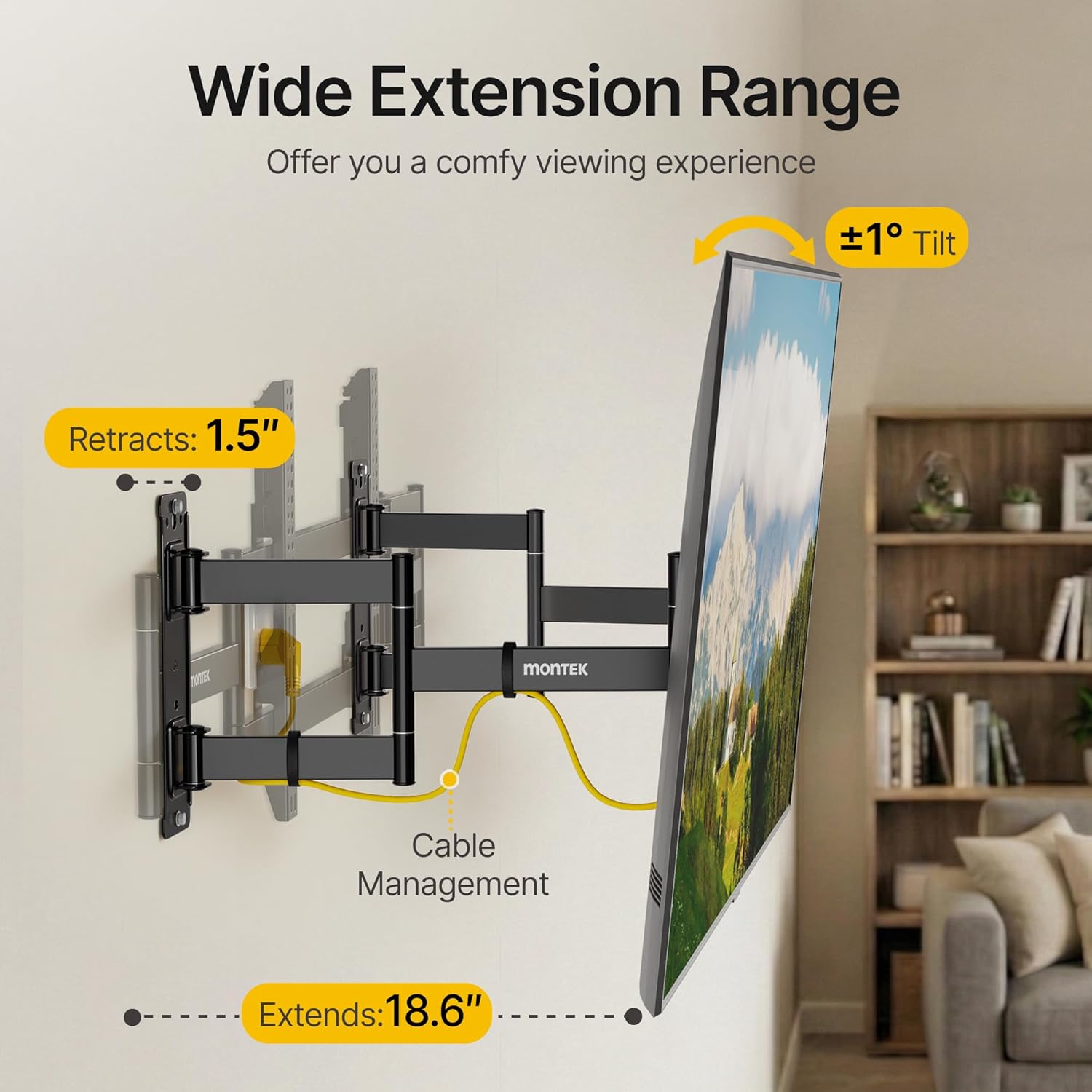 monTEK Full Motion Corner TV Wall Mount for 55-90 Inch LCD LED Flat Curved TVs, Heavy Duty TV Wall Mounts with 176lbs Weight Capacity, Dual TV Wall Arm Perfect for Corner, Bedroom, Max VESA 600x400mm