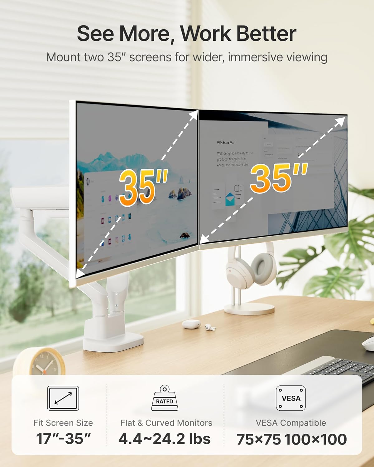 monTEK Dual Monitor Arm, Mechanical Spring Monitor Arm for 17-35" Screens, Adjustable Monitor Desk Mount Each Holds up to 24.2 lbs with C Clamp/Grommet Desk Mount, VESA 75/100mm, MA1011WH-D