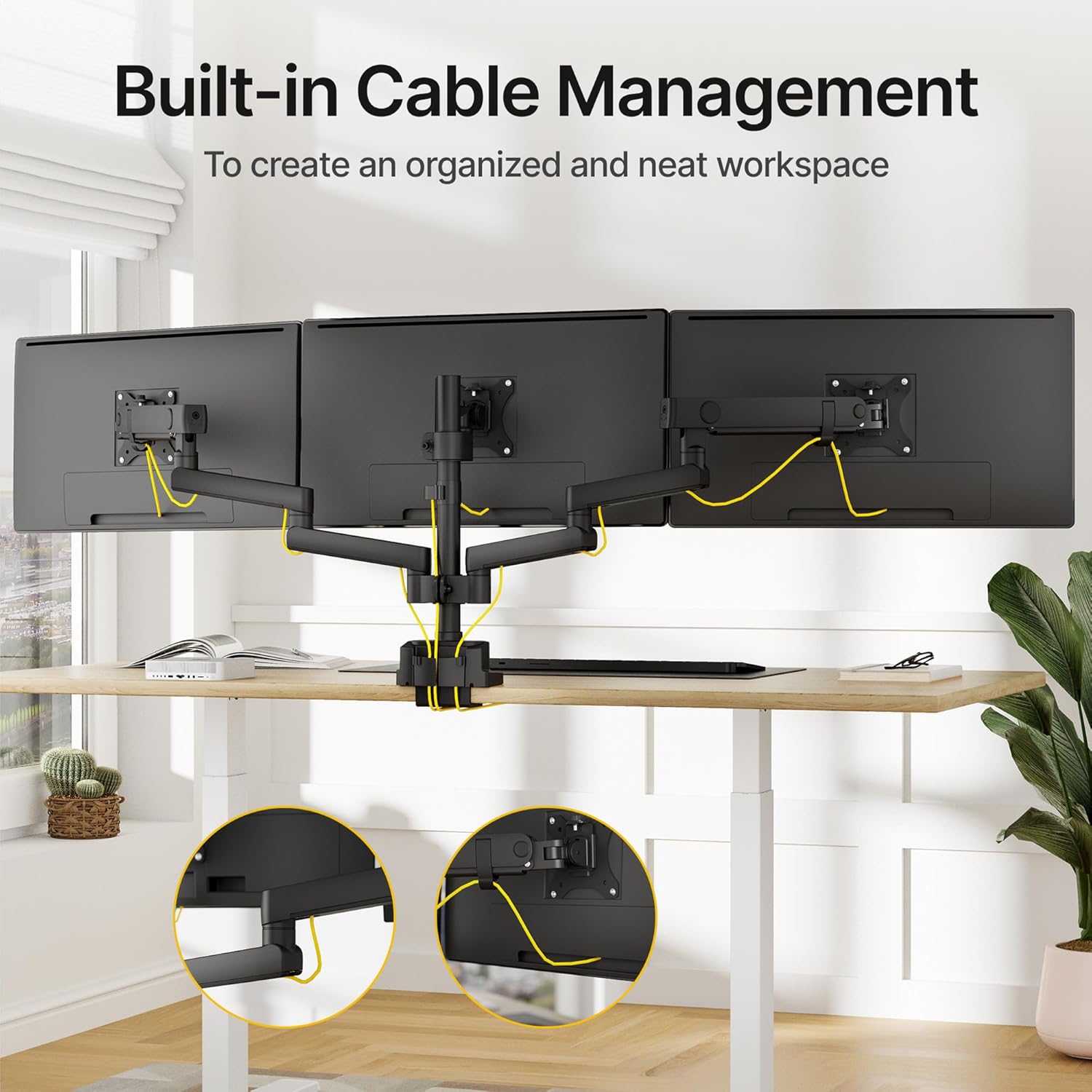 monTEK Triple Monitor Mount for Max 27 inch Computer Screens, 3 Monitor Desk Mount Each Arms Holds up to 19.8lbs, Three Monitors Desk Arm with Swivel, Tilt, Rotation, MA1009PBK-T
