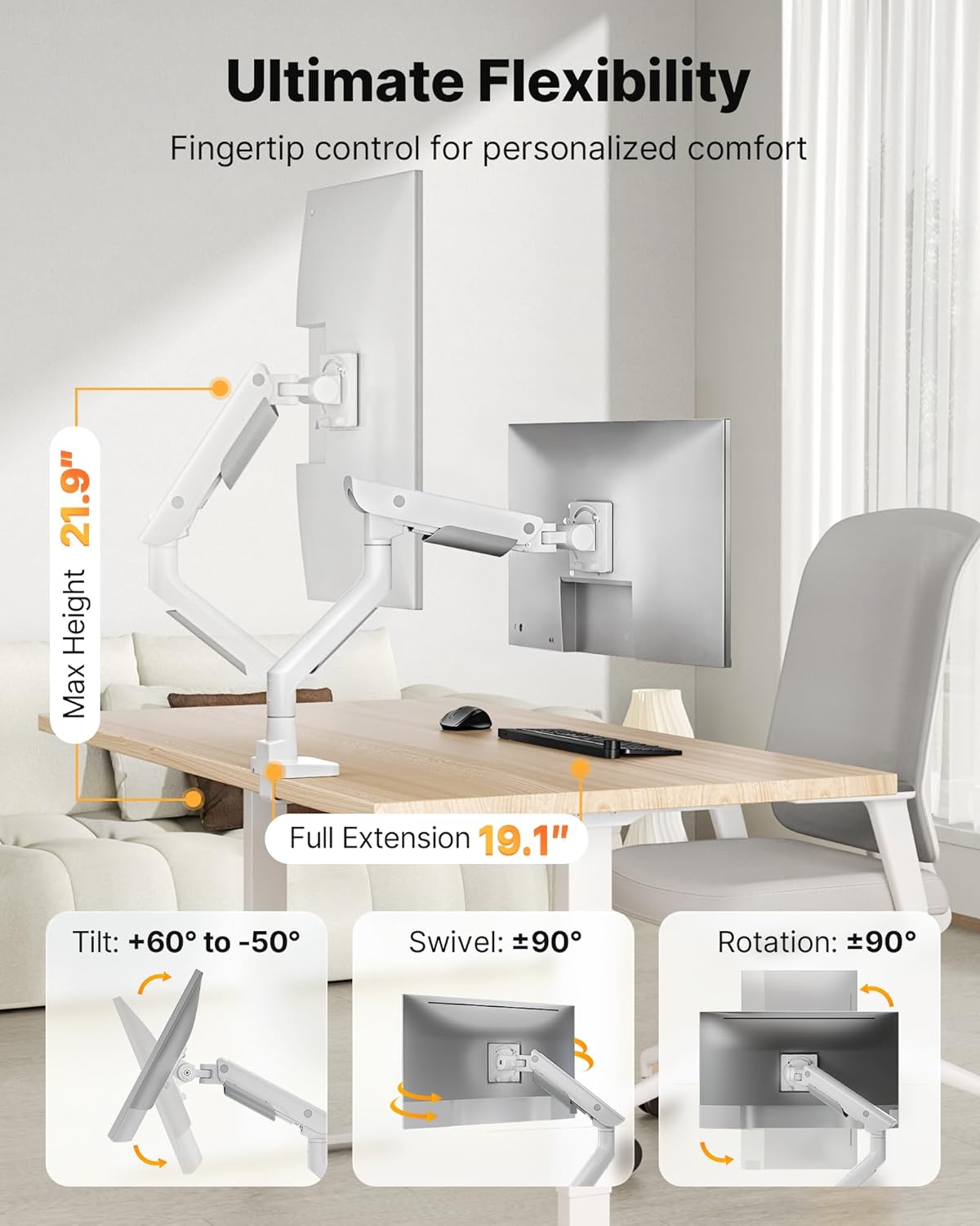 monTEK Sleek Aluminum Monitor Arm for 17–57” Ultrawide Screens up to 59.4 lbs, Heavy Duty Single Monitor Arm Desk Mount, Pneumatic Lift, Quick-Release Plate, Clamp/Grommet, Max VESA 100x100