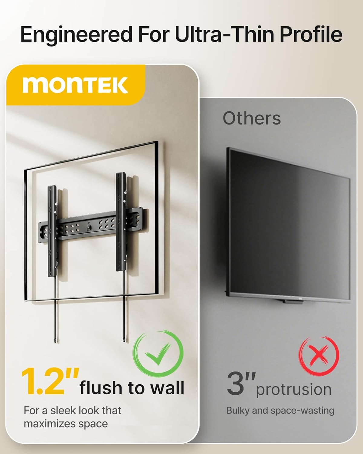 monTEK Ultra Slim Tilting TV Wall Mount Bracket for 43–95" Flat & Curved TVs, 1.2" Low Profile, Anti-Glare Tilt, Holds 150 lbs, Supports VESA 800x400, Fits 16"/18"/24"/32" Studs, TM1006W-LT