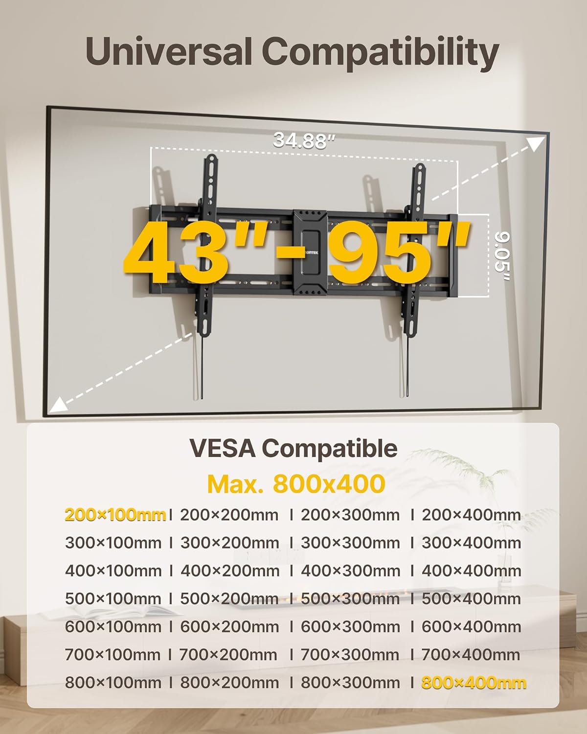 monTEK Heavy Duty Tilting TV Wall Mount for 43-95 Inch TVs, 200 lbs Capacity, 1.65" Slim Low Profile Wall Bracket, Max VESA 800x400mm Fits 16"/18"/24" Studs, Space-Saving for Large Flat & Curved TVs