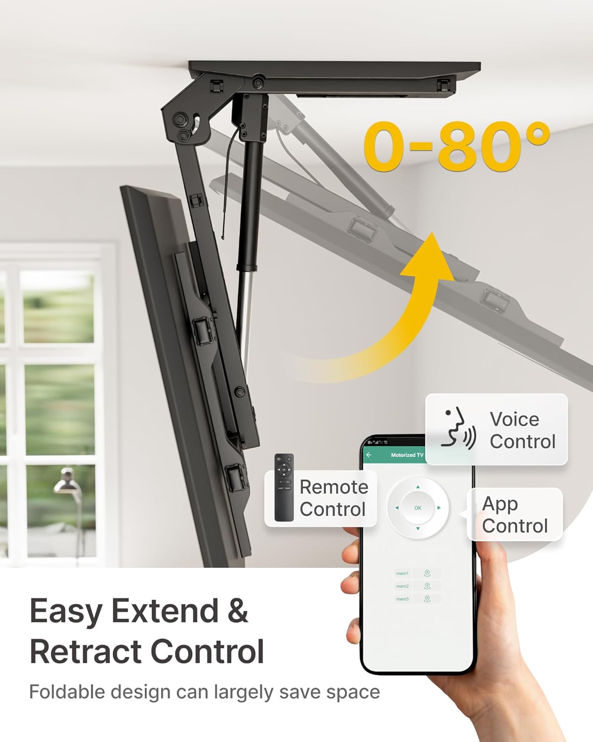 monTEK Motorized Ceiling TV Mount with Remote for 37-75 Inch TVs, Electric TV Mount Motorized Drop Down for Flat and Pitched Roof,Holds up to 99 lbs, 4X Load Tested, App and Voice Control