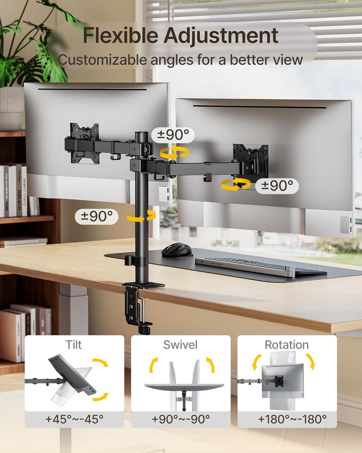 monTEK Dual Monitor Stand for 17"–32” Computer, Adjustable Height Stable Monitor Mount Fit up to 32 inch Screen, Hold up to 22lbs Weight, C-Clamp and Grommet, VESA 75x75mm/100x100mm