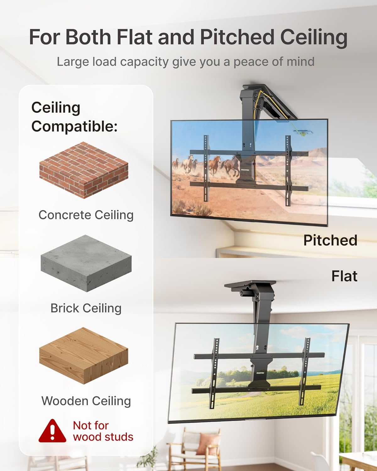 monTEK Motorized Ceiling TV Mount with Remote for 43-86 Inch TVs, Electric TV Mount Motorized Drop Down for Flat and Pitched Roof,Holds up to 99 lbs, 4X Load Tested, App and Voice Control
