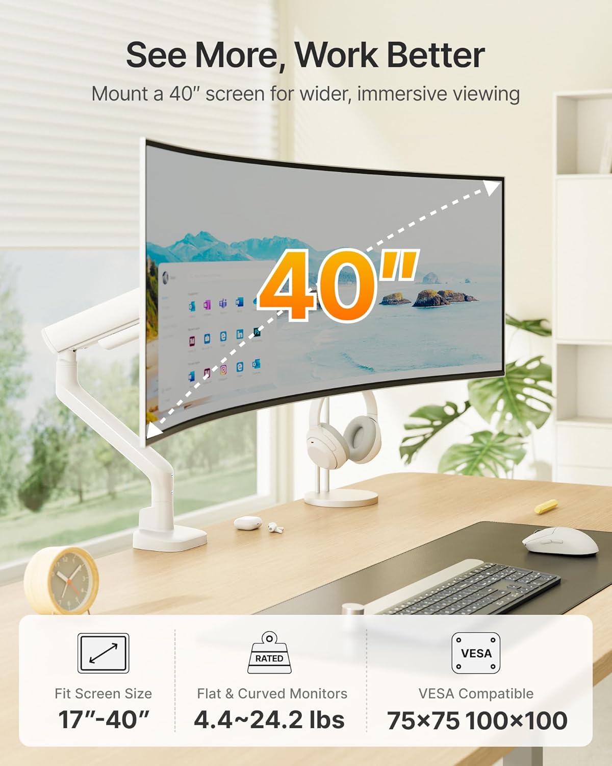 monTEK Single Monitor Arm, Mechanical Spring Monitor Arm for 17-40" Ultrawide Screens, Adjustable Monitor Desk Mount Holds up to 26.4 lbs with C Clamp/Grommet Desk Mount, VESA 75/100mm, MA1011WH