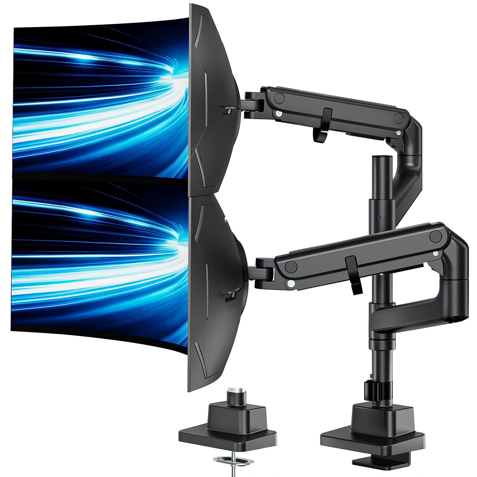 monTEK Dual Monitor Arm for up to 57" and 59.4 lbs Ultrawide Screen, Aluminum Heavy-Duty Gas Spring Vertical Stackable Curved Screen Adjustable Monitor Stand, 75/100mm Vesa Mount, White