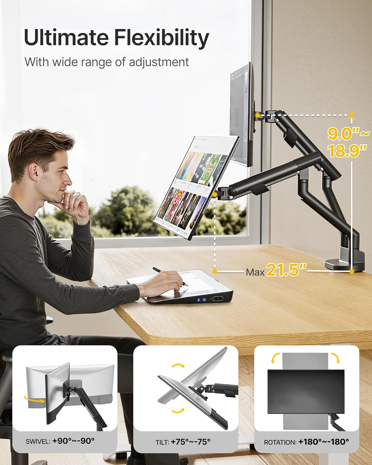monTEK Dual Monitor Stand for 2 Screens 17 to 35 Inch, Heavy Duty Monitor Mount Arm, VESA Mount Desk Stand with C-Clamp/Grommet Base, Holds up to 24.3 lbs Per Arm, VESA 75/100mm, MA1010BK-D
