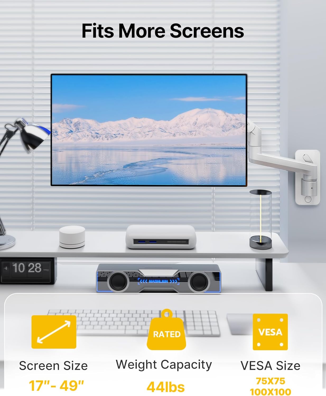 monTEK Ultra Wide Monitor Wall Mount for 17-49 Inch Screens, Heavy Duty Single Monitor Mount up to 44 lbs, Fully Adjustable Gas Spring Wall Mount, 75x75/100x100 VESA Mount, White