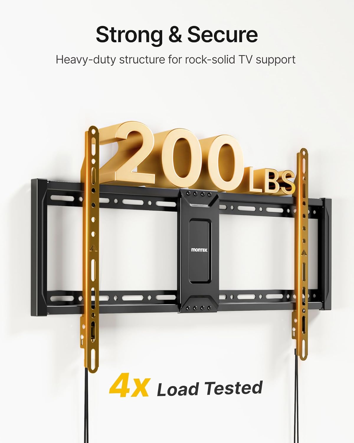 monTEK Heavy Duty Fixed TV Wall Mount for 37–90 Inch TVs, 1.1" Ultra Slim Low Profile Bracket, 200 lbs Capacity, Max VESA 600x400mm, Fits 16"/18"/24" Studs, Space-Saving for Large Flat & Curved TVs