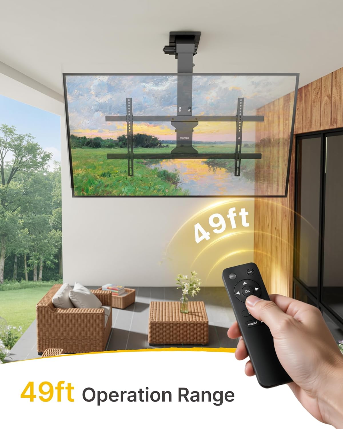 monTEK Motorized Ceiling TV Mount with Remote for 43-86 Inch TVs, Electric TV Mount Motorized Drop Down for Flat and Pitched Roof,Holds up to 99 lbs, 4X Load Tested, App and Voice Control