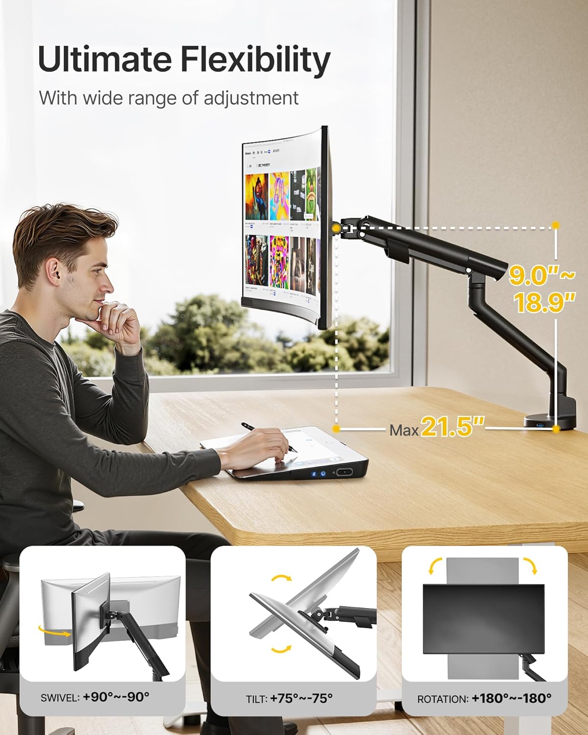 monTEK Single Monitor Arm with USB for 17-40 Inch Screens, Up to 24.3lbs, Heavy Duty Monitor Mount with VESA Mount, Full Motion Adjustment Monitor Stand C-Clamp/Grommet Base,VESA 75/100mm, MA1010UCBK