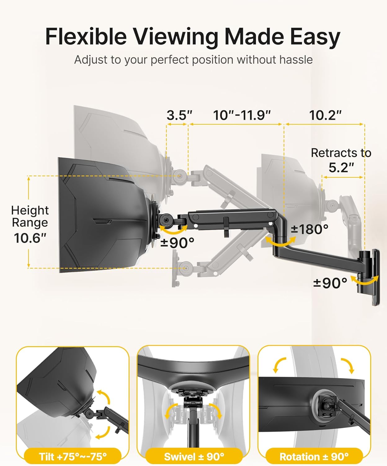 monTEK Monitor Wall Mount for 17-57“ up to 59.4 lbs Ultrawide Screens, Single Heavy-Duty Aluminum Gas Spring Monitor Arm with Full Motion Adjustment, VESA 75x75/100x100 Compatible, Black