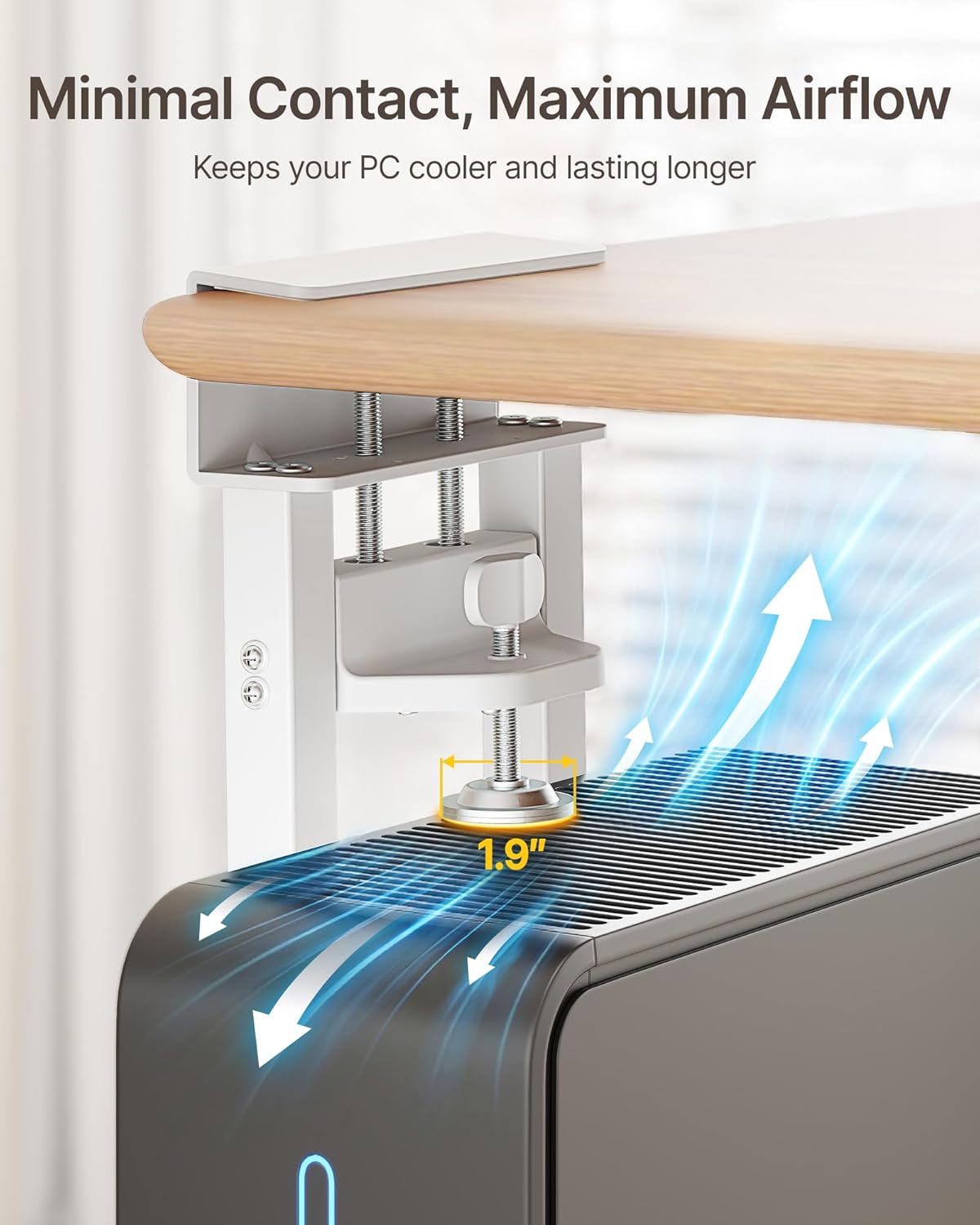 monTEK No Drill Under Desk PC Mount, Clamp-On Heavy Duty CPU Holder with Ventilated Cooling Design for Standing Desk & Home Office, Fits Most PC Cases 16.1"-25.6" (H), 66 lbs, White