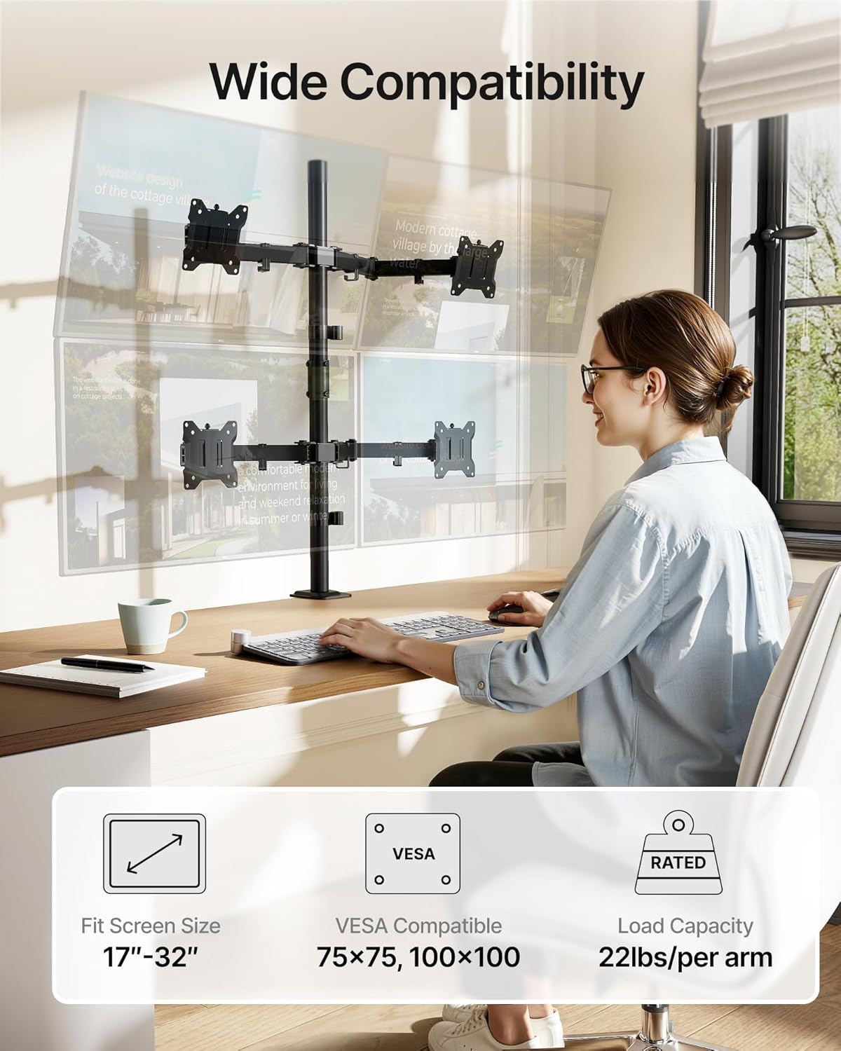 monTEK Quad Monitor Stand Mount, Fully Adjustable Desk Mount for 4 Screen up to 17”-32” and 22lbs Capacity Each Arm, Stable Monitor Arm with C Clamp and Grommet Base, VESA 75x75mm/100x100mm