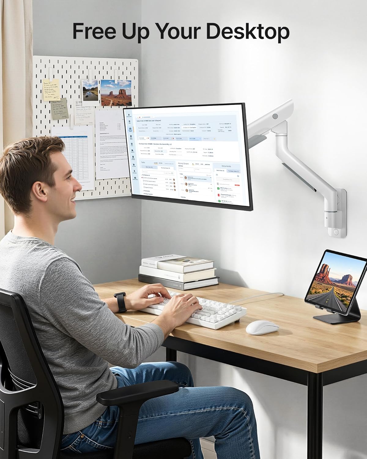monTEK Heavy-Duty Single Monitor Wall Mount for 17-57” Ultrawide Screens up to 59.4lbs, Premium Aluminum Wall Mount Monitor Arm with Full Motion Adjustment, Pneumatic Lift, Max VESA 100x100