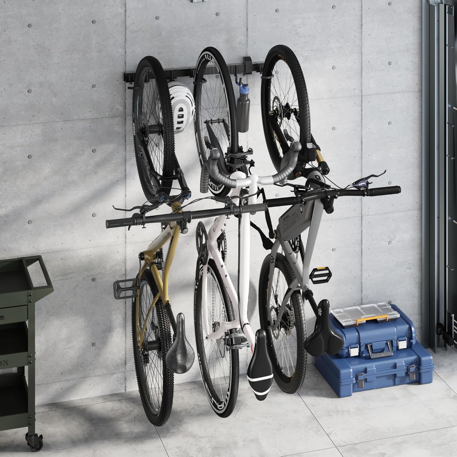 monTEK Enhanced Bike Storage Rack, Adjustable 3-Bike and 2-Helmet Hangers for Indoor Bike Storage, Customizable for Various Bike Sizes, Heavy-Duty Steel Bike Wall Mount, Max Load 209lbs, 32-in