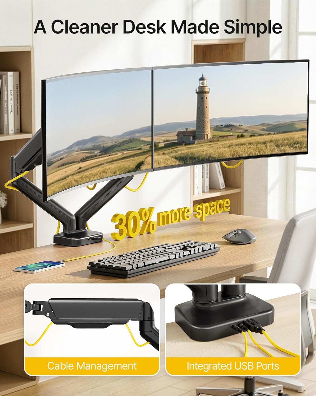 monTEK Heavy Duty Dual Monitor Arm with USB/Audio Ports for 17-32” Screens, Premium Mechanical Spring Monitor Arm up to 19.8 lbs, Full Motion Monitor Desk Mount, VESA 75/100 mm, Clamp/Grommet