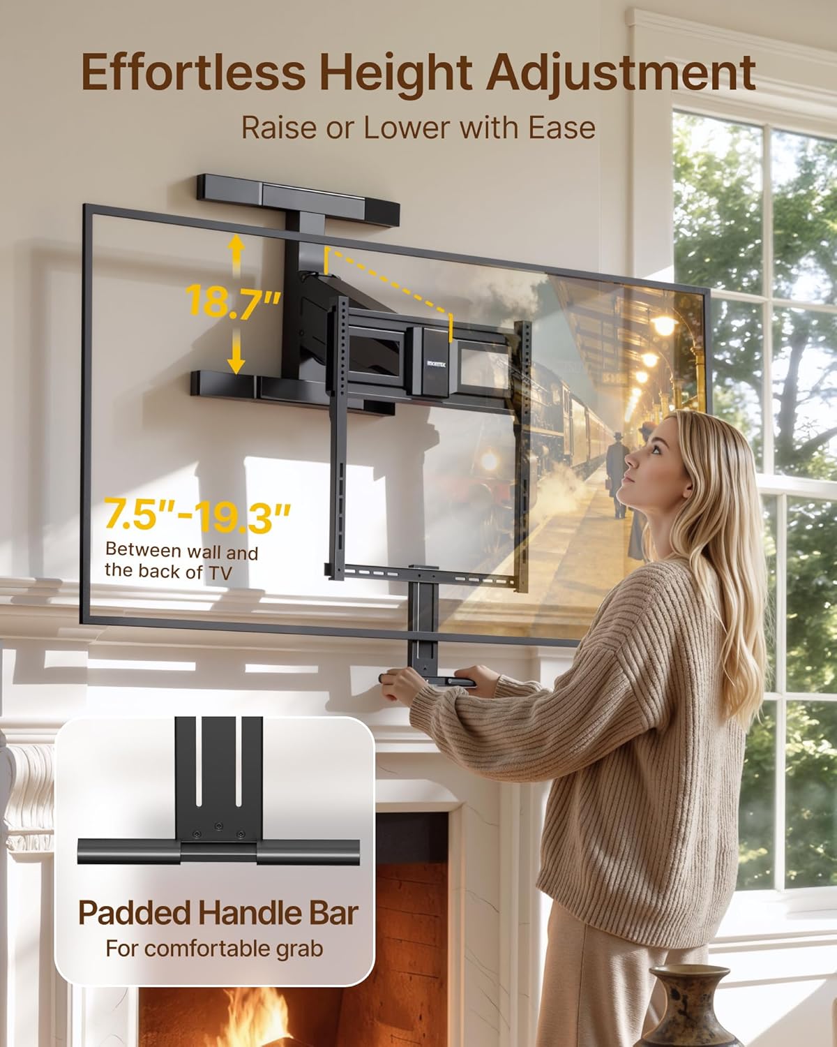 monTEK Fireplace Pull Down TV Mount for 43-86 Inch TVs Up to 99lbs, Swivel & Leveling Drop Down TV Mount, Pull Down TV Mount Over Fireplace with Padded Handle Bar, Max VESA 600x400mm