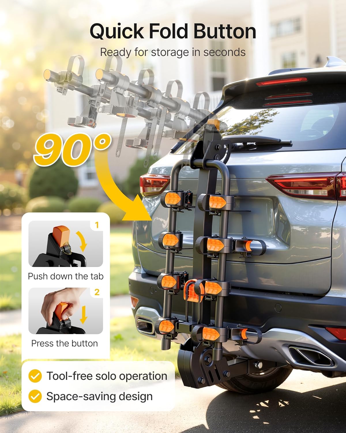 monTEK Premier Locking Quick Release 4-Bike Rack for Cars, Trucks, SUVs with 2” Hitch, Quick Foldable & Tiltable Bike Rack Hitch,3mm Thick Heavy-Duty Steel Frame&High-Secure Straps Hitch Bike Rack