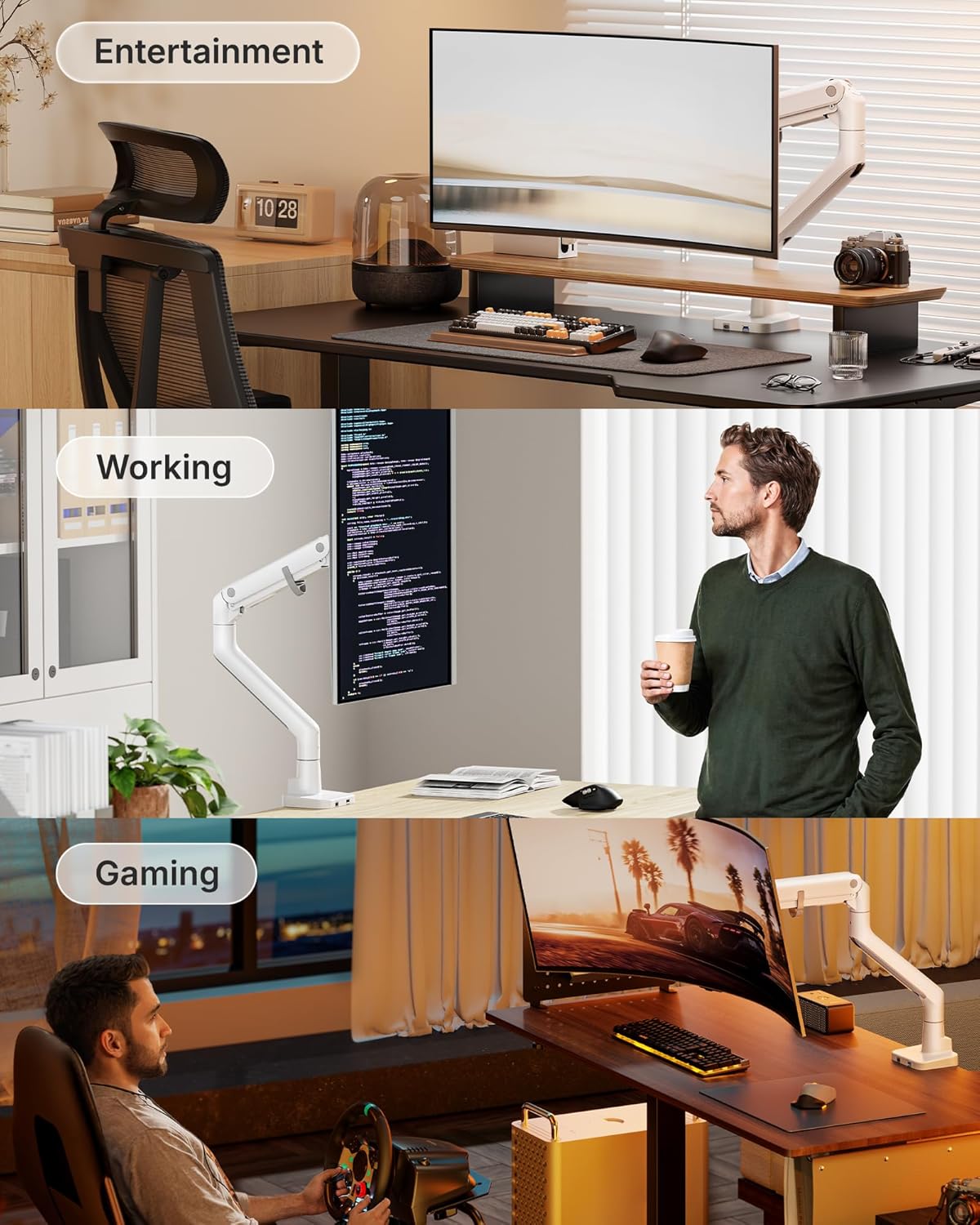 monTEK Single Monitor Arm with USB A/C, Ultrawide Monitor Stand for 17 to 57 Inch Curved Screen, Holds 59.4 lbs, Adjustable Gas Spring Arm, 75/100 VESA Mount, Clamp & Grommet Desk Mount, White