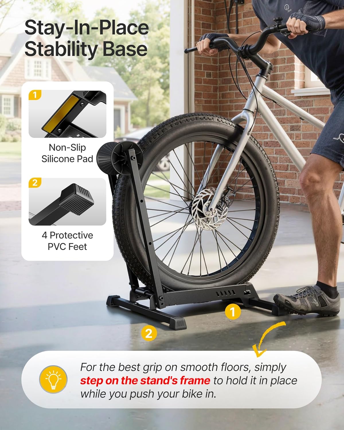 monTEK Heavy-Duty Bike Floor Stand for Max 4.5" Tire Width | 77lbs Capacity Dual-Arm Foldable Bicycle Storage Rack | 3-Level Height Adjustable | Fit 20"-26" Wheels for Road, Mountain & Fat Bikes