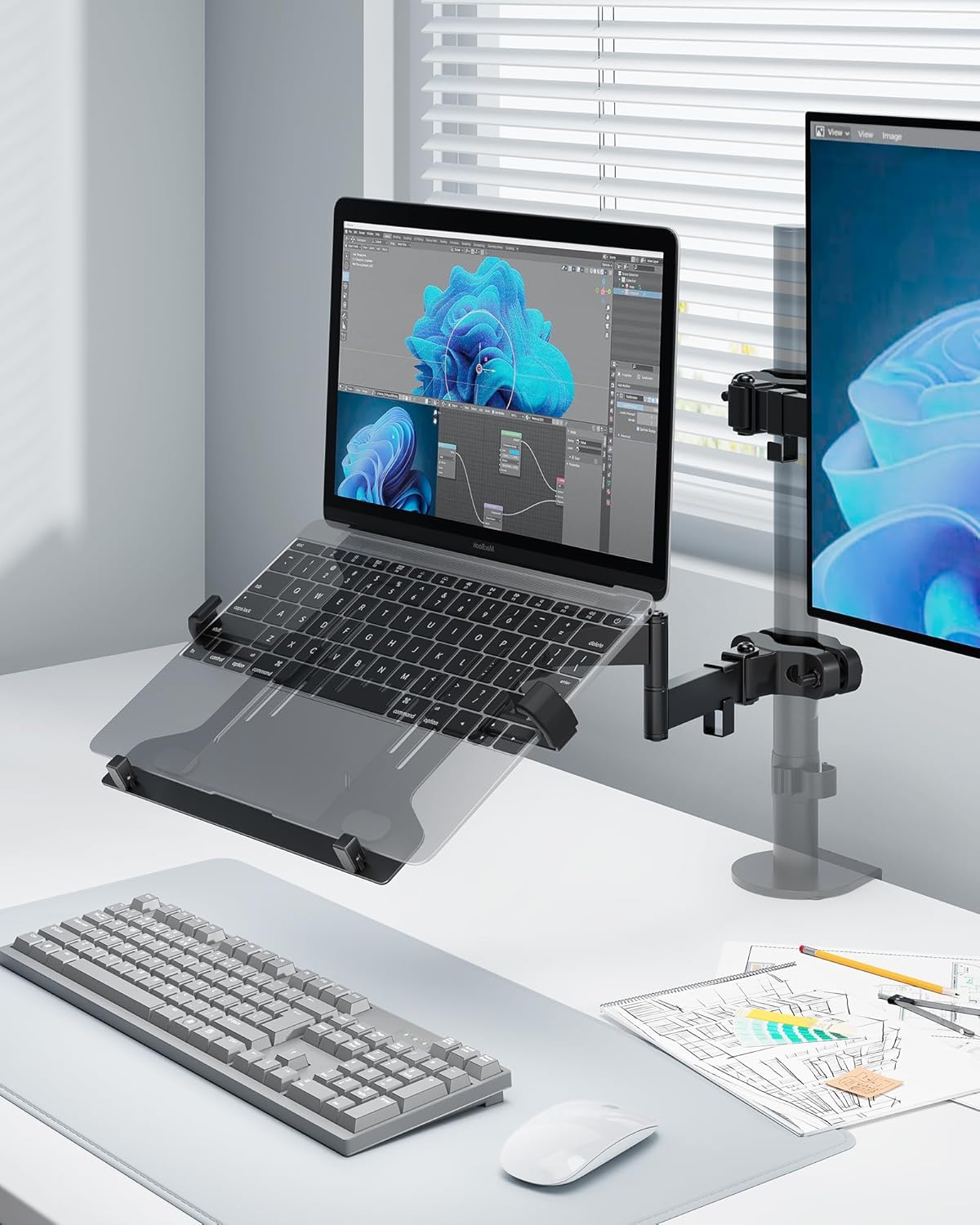 monTEK 2-in-1 Universal Laptop Pole Mount Tray for 10”- 15.6” Notebook or 17”-32” Monitor, Full Motion Laptop Mount with Removable 75/100mm VESA Plate, Fits 1.1”-2.4” Pole Diameter, Black
