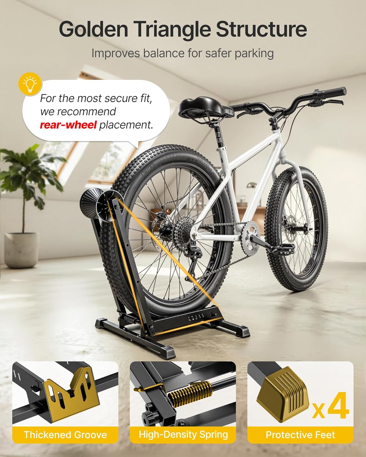 monTEK Heavy-Duty Bike Floor Stand for Max 4.5" Tire Width | 77lbs Capacity Dual-Arm Foldable Bicycle Storage Rack | 3-Level Height Adjustable | Fit 20"-26" Wheels for Road, Mountain & Fat Bikes