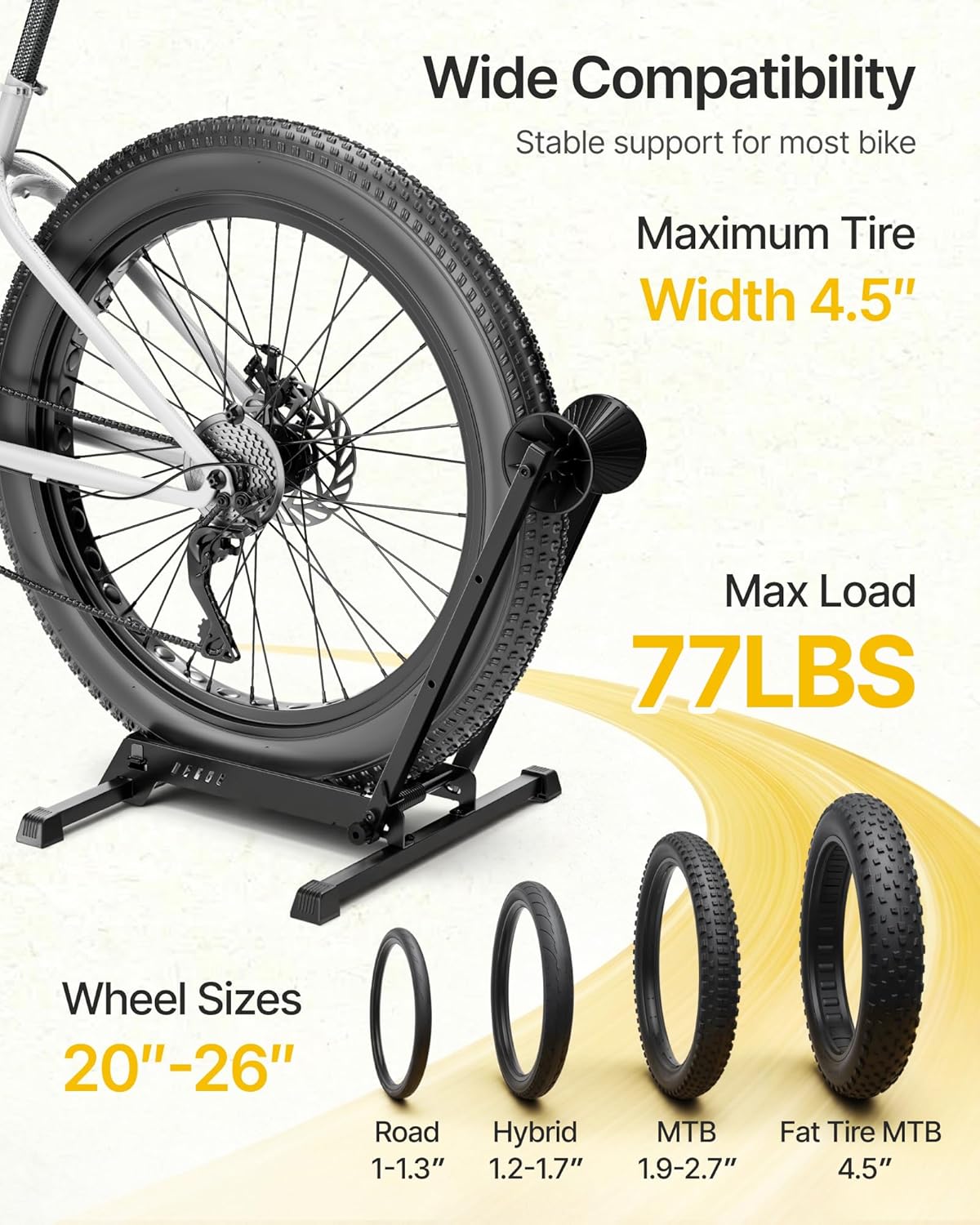 monTEK Heavy-Duty Bike Floor Stand for Max 4.5" Tire Width | 77lbs Capacity Dual-Arm Foldable Bicycle Storage Rack | 3-Level Height Adjustable | Fit 20"-26" Wheels for Road, Mountain & Fat Bikes