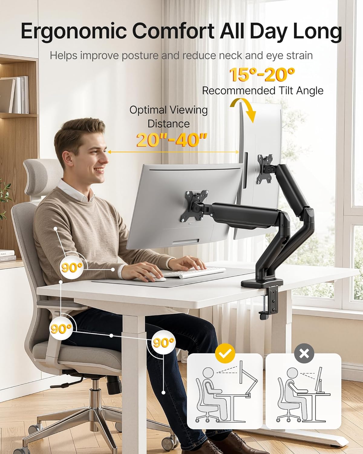 monTEK Heavy Duty Dual Monitor Arm for 17-32” Flat/Curved Screens, Premium Mechanical Spring Monitor Arm up to 19.8 lbs, Full Motion Monitor Desk Mount with Quick-Release VESA 75/100mm, Clamp/Grommet