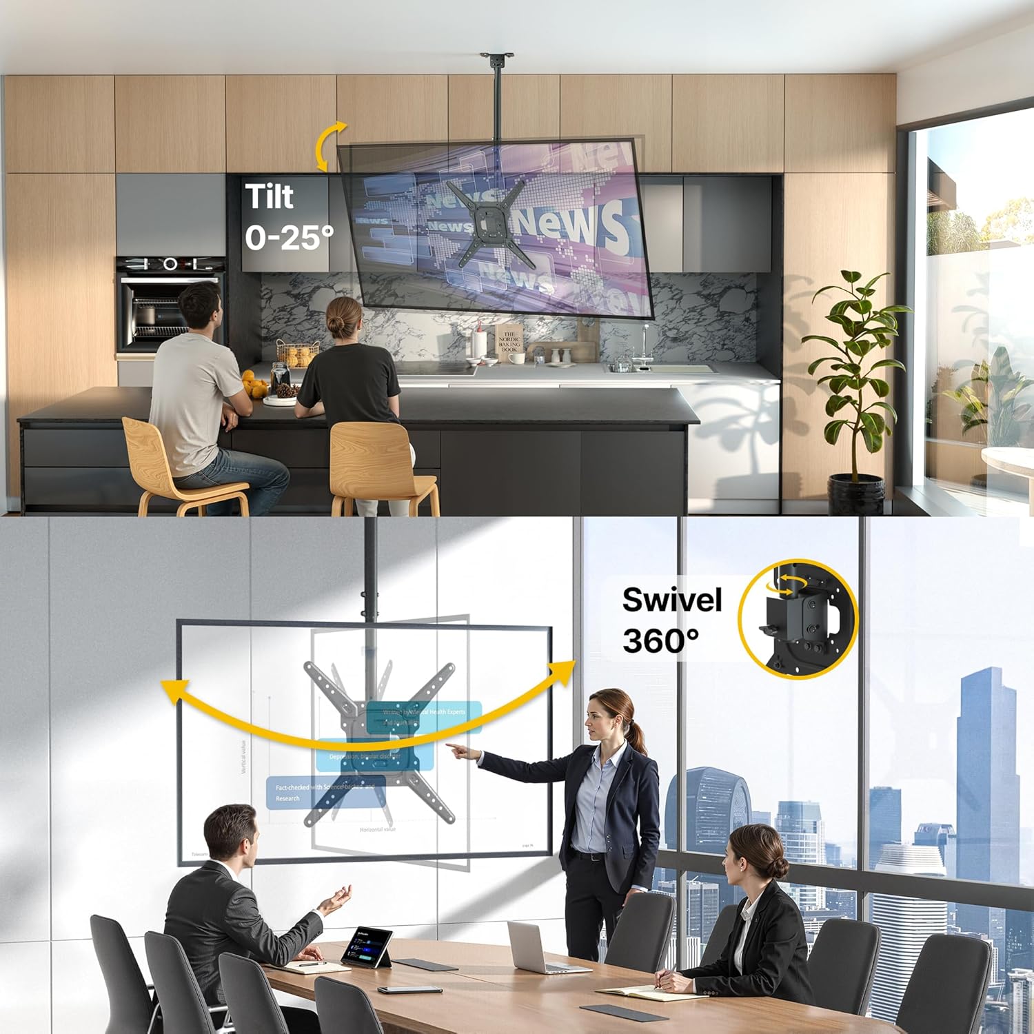 monTEK Ceiling TV Mount for 23-55 inch Flat Screen Displays, Hanging Adjustable Ceiling TV Bracket Fits Most LCD LED OLED 4K TVs, Pole Ceiling Mount Holds up to 77lbs, Max VESA 400x400mm, TM1009C-MA