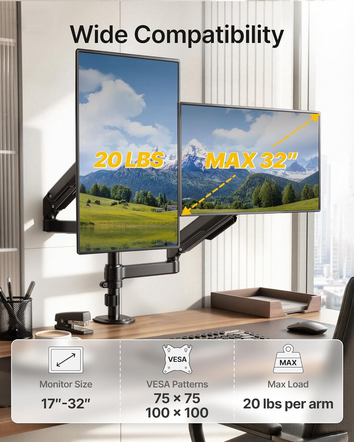 monTEK Vertical Dual Monitor Stand 17-32 Inch, Stacked Monitor Mount for 2 Screens, Full Motion Adjustable with Tilt/Swivel/Rotation, Heavy Duty Steel, VESA 75x75/100x100, Holds up to 19.8 lbs