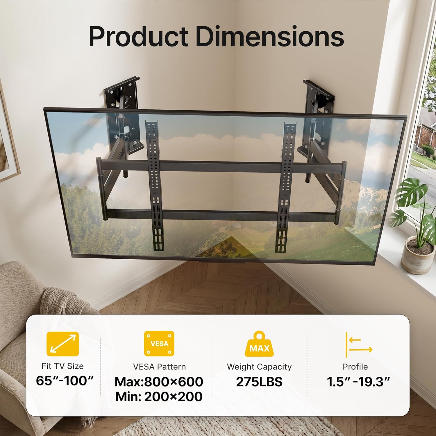 monTEK Heavy Duty Corner TV Wall Mount for 65-100 Inch Large TVs, Full Motion TV Bracket with 19.3" Long Articulating Arm, Dual TV Wall Arm up to 275lbs Perfect for Office, Gym, Max VESA 800x600mm