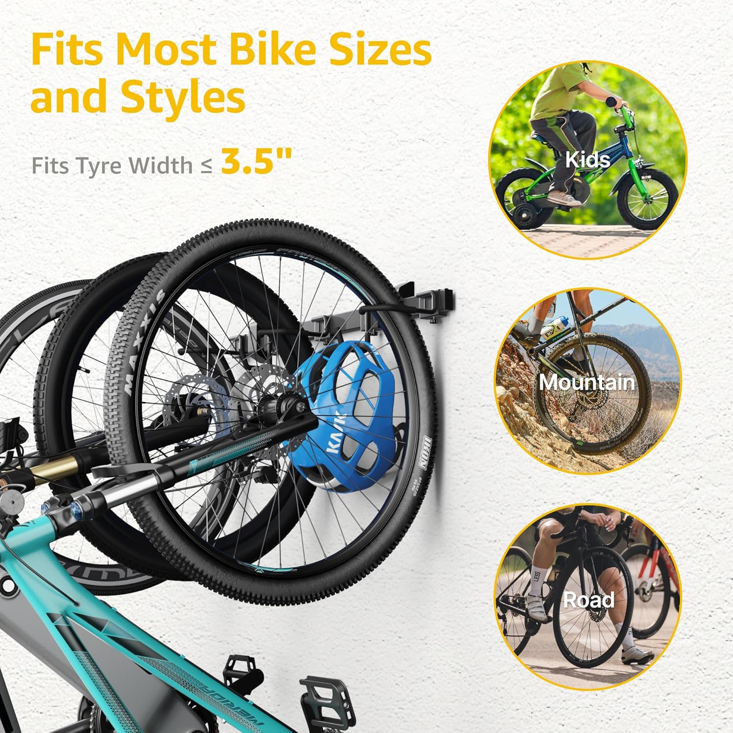 monTEK Enhanced Bike Storage Rack, Adjustable 3-Bike and 2-Helmet Hangers for Indoor Bike Storage, Customizable for Various Bike Sizes, Heavy-Duty Steel Bike Wall Mount, Max Load 209lbs, 32-in