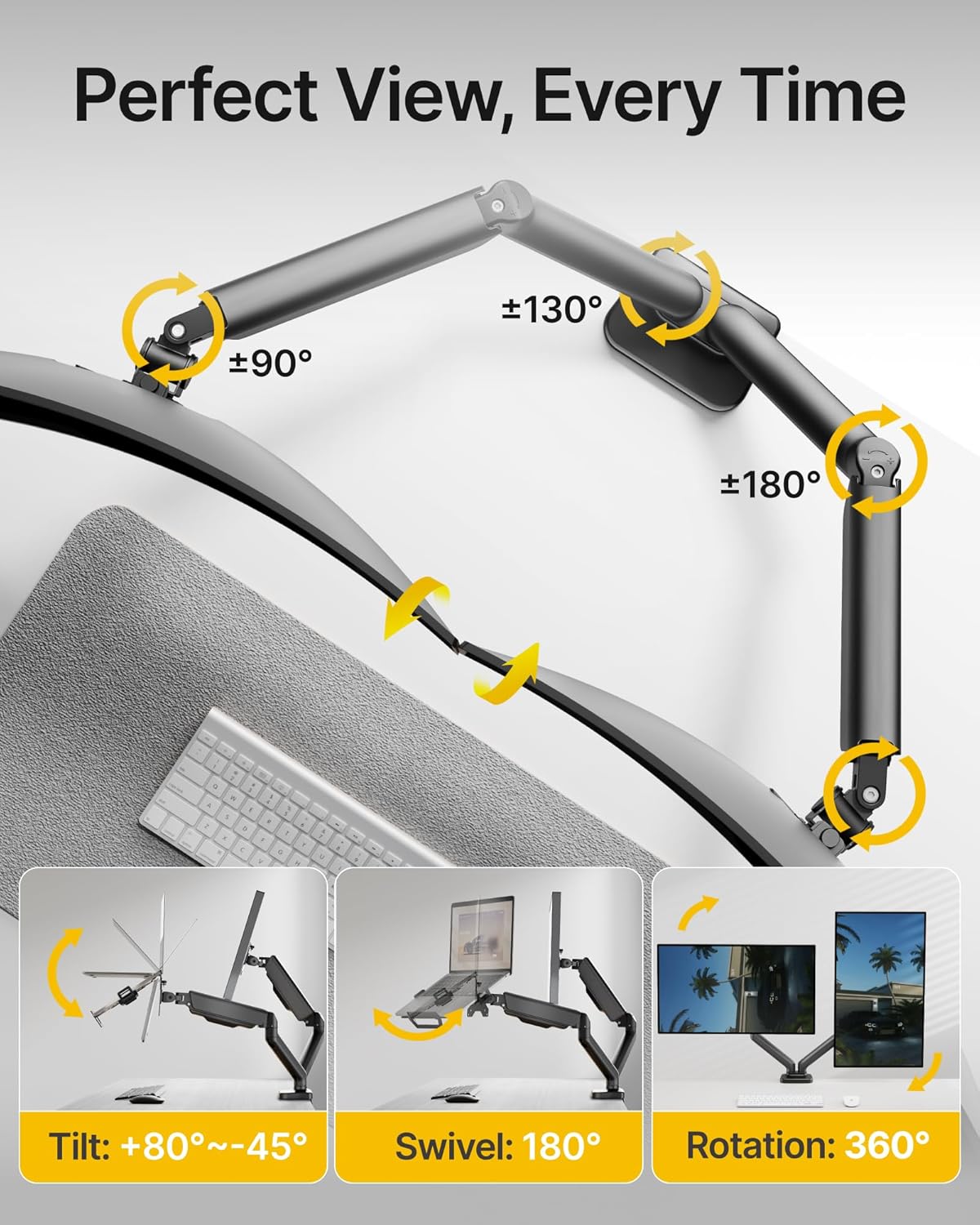 monTEK Laptop Arm Mount for Desk for Max 32” Screen and 18” Notebook, Dual Monitor Stand with Adjustable Laptop Holder, Holds up to 19.8 lbs, Full Motion Arm with Clamp/Grommet Base, 75/100 VESA Mount