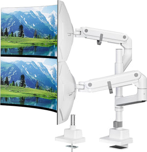 monTEK Dual Monitor Arm for up to 57" and 59.4 lbs Ultrawide Screen, Aluminum Heavy-Duty Gas Spring Vertical Stackable Curved Screen Adjustable Monitor Stand, 75/100mm Vesa Mount, White