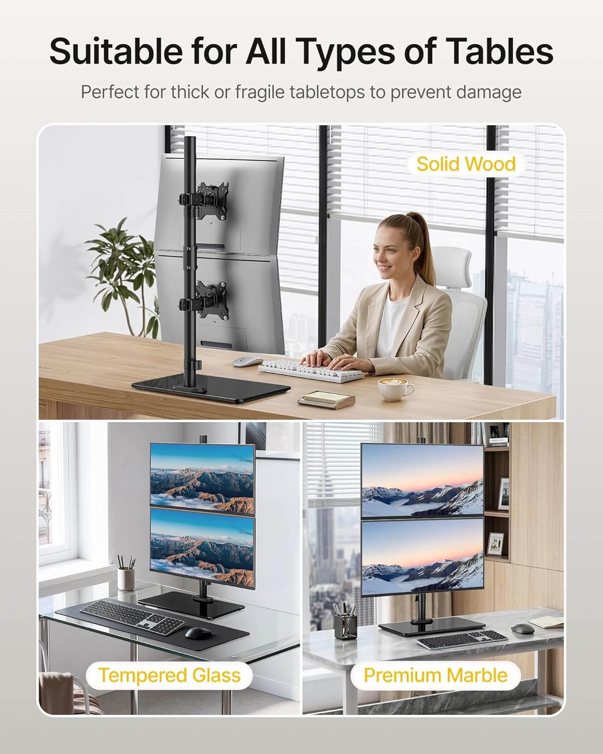 monTEK Vertical Dual Monitor Stand with Sleek Glass Base for 17-32 inch Screens, Free-Standing Dual Monitor Mount Holds 22 lbs per Arm, Fully Motion Height Adjustable, VESA 75/100 MM