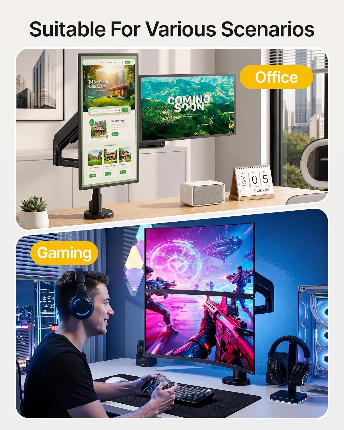 monTEK Dual Vertical Monitor Arm up to 40 inch, Aluminum Heavy-Duty Height Adjustable Stacked Desk Monitor Stand Full Motions Arm Mechanical Spring Holds Up to 26.4lbs,VESA 75x75/100x100,Black