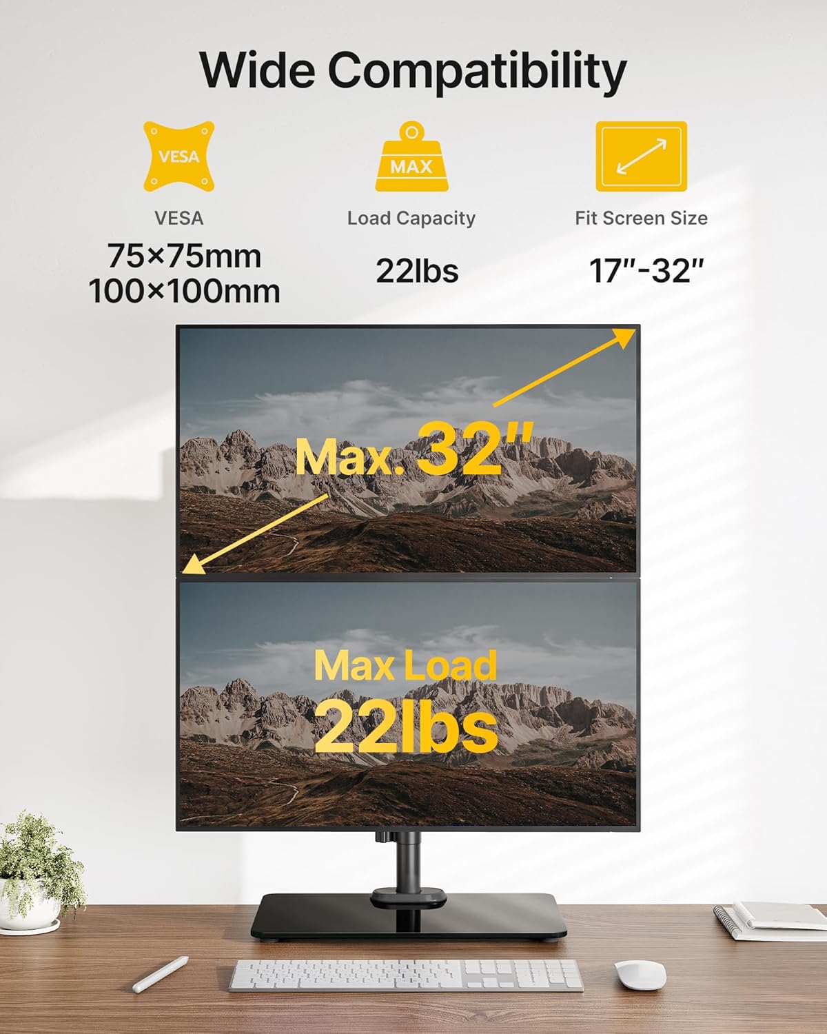 monTEK Vertical Dual Monitor Stand with Sleek Glass Base for 17-32 inch Screens, Free-Standing Dual Monitor Mount Holds 22 lbs per Arm, Fully Motion Height Adjustable, VESA 75/100 MM